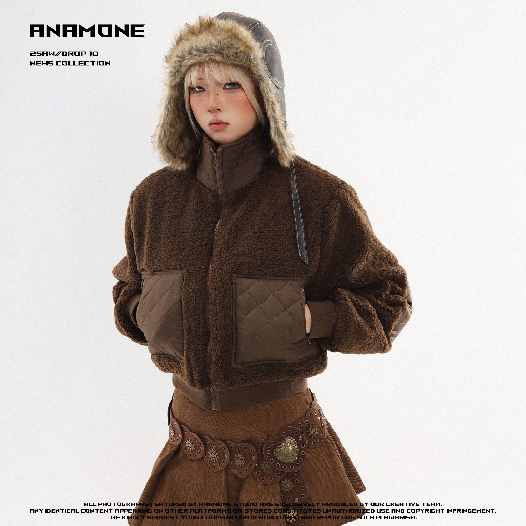 Anamone แจ็กเก็ตขนแกะแบบควิลท์ งานเย็บปะสไตล์เรโทรอเมริกัน สำหรับผู้หญิง ฤดูหนาว อบอุ่น คอตั้ง โค้ทสั้นผ้าฝ้าย
