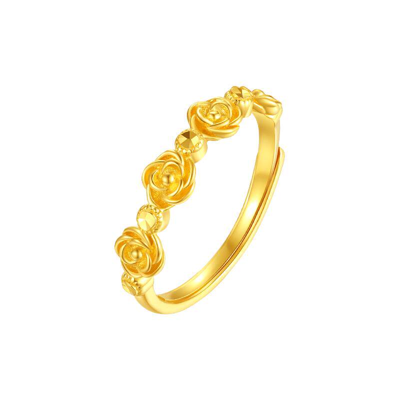 Chow Tai Sang Gold Ring Women's Football Gold Rose Hand Ornament Flower Stacked Ring Genuine Birthday Gift for Girlfriend