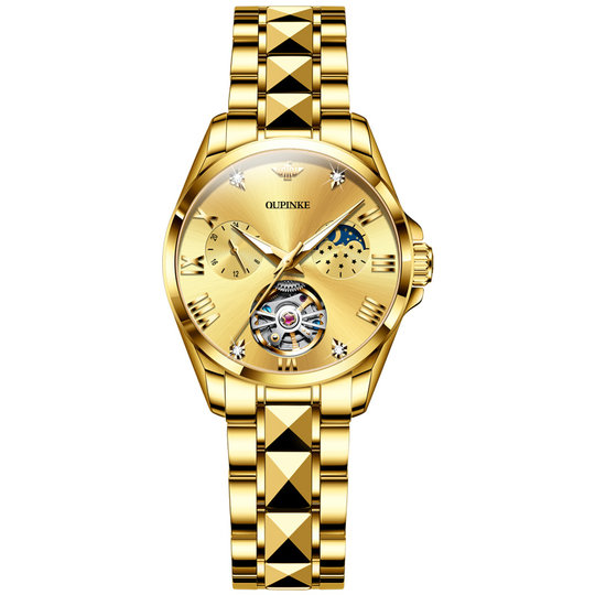 18k全金色新款女表自动机械表镂空陀飞轮月相欧品客奢华女表十大