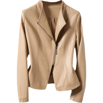 Haining leather jacket short camel color slim fit temperament for small people
