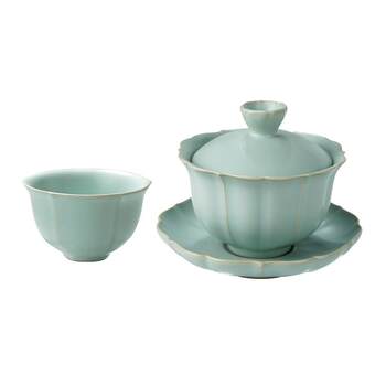 Qingdan ru kiln sancai ໂຖປັດສະວະ teacup ຊຸດຂອງຂວັນ