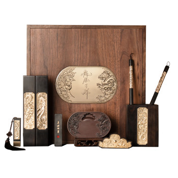 Shanlian Lake Pen Dragon and Phoenix Auspiciousness Four Treasures of the Study Set Premium High-End Gift Box Inkstone Ink Pen Paper Inkstone Complete Set of Calligraphy Tools Ink Stick Ink Block Ornament Gift Storage Box