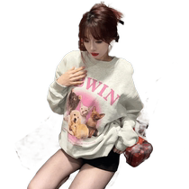 2023 Early Autumn American Retro Cartoon Cute Pet Dog Round Neck Sweatshirt for Men and Women Loose Couple Pink Cat