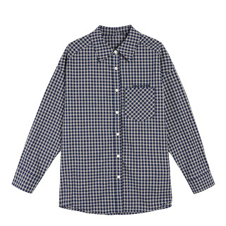 pusumede 慵懒奏曲 全棉格子衬衫女复古长袖叠穿衬衣宽松休闲上衣