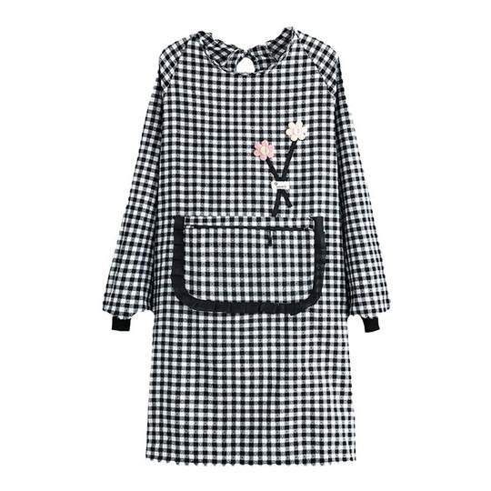 简约长袖罩衣防油耐磨棉格透气围裙家用厨房时尚女餐饮工作服成人