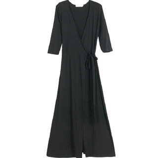 莫代尔连衣裙女春秋季v领一片式裹身收腰小黑裙性感气质开叉长裙