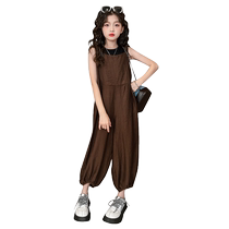 Girls Summer Air Conditioning Pants Childrens Style Overalls Korean Style Casual Summer Wear Medium and Large Childrens Loose Suspenders Wide Leg Pants