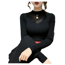 Hollow mesh knitted top for women slim-fitting long-sleeved inner sweater new bottoming shirt for women autumn and winter plus velvet half turtleneck