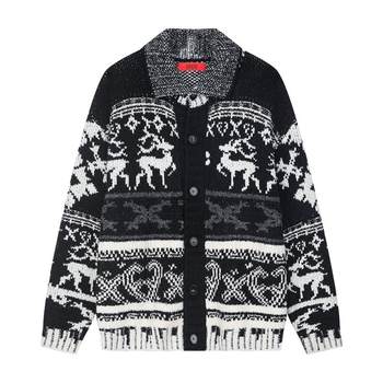 American retro fair isle sweater cardigan high collar two-wear jacquard soft waxy loose couple knit sweater American retro fair isle sweater cardigan high collar two-wear jacquard soft waxy loose couple knit sweater
