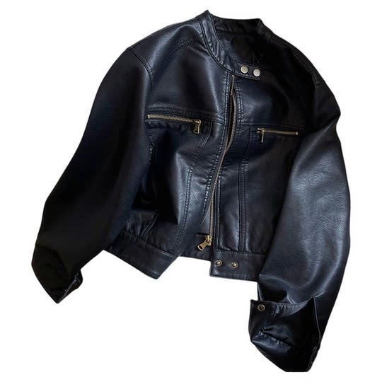 Street loose short stand collar leather jacket autumn new style