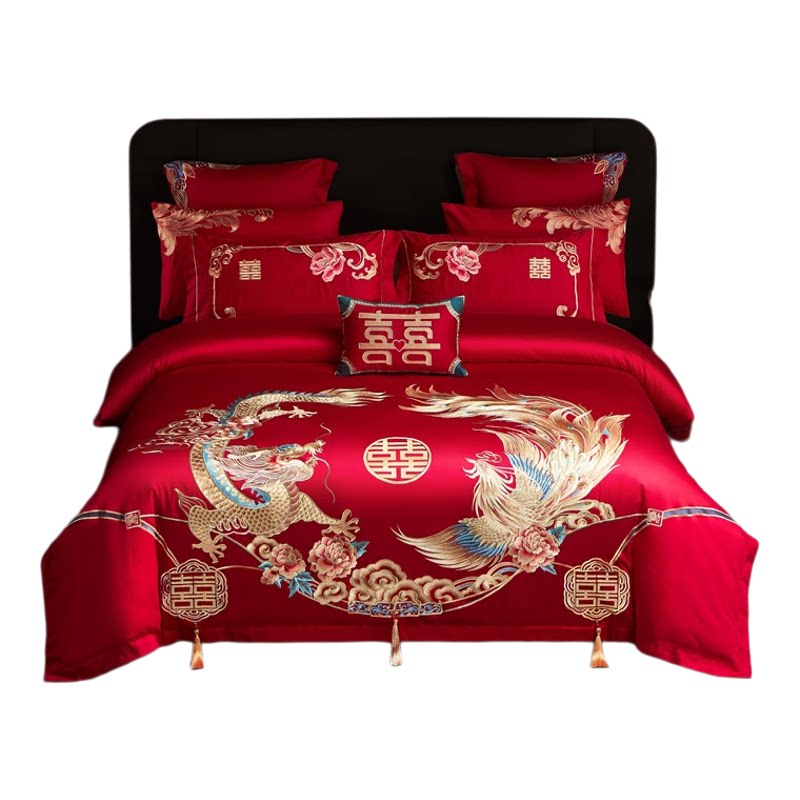 Mercury Home Textile Wedding Four-Piece Set Pure Cotton Embroidery Dragon and Phoenix