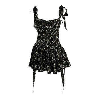 Ms XIDU Tea Break Jasmine French Black Floral Suspender Skirt Summer Pure Desire Tea Break Skirt Waist Slim Dress