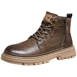 Camel men's Martin boots winter new side zipper short boots high-top leather shoes plus velvet retro work boots