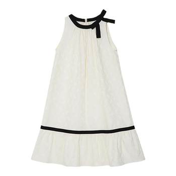Fan Luo 2024 Summer New French Round Neck Contrast Color Dress Women's Bow Design Halter Neck A-Line Skirt for Women