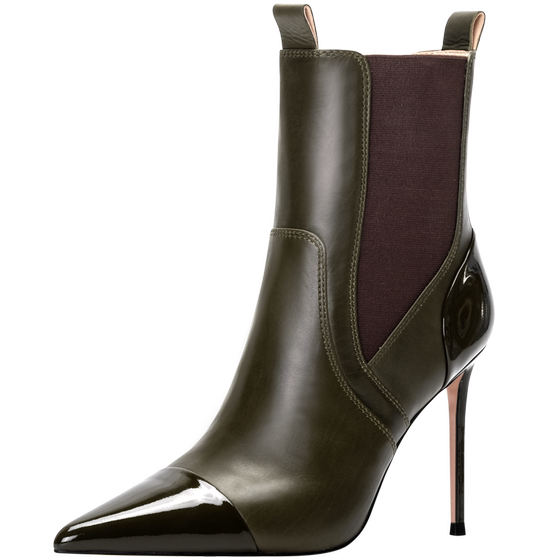 
JOOC Jiushi pointed toe stretch short boots for women in autumn and winter new stiletto heels cowhide skinny boots spliced ​​fashion boots