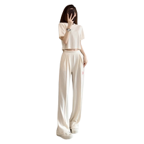 Trendy brand casual short T-shirt sports suit for women 2024 summer embossed fashion slimming wide-leg pants two-piece set
