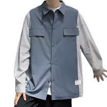 Spliced ​​shirt mens long-sleeved summer loose striped handsome tops work jacket handsome Japanese mens shirt