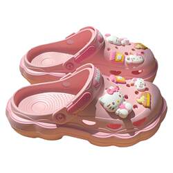 Hello Kitty Crocs ແມ່ຍິງ Summer ໃຫມ່ Sanrio ງາມຫນາ-soled ຫາດຊາຍທີ່ບໍ່ມີຮອຍຂີດຂ່ວນ Baotou ເກີບແຕະເຄິ່ງສໍາລັບການໃສ່ນອກ.