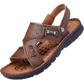 老人头凉鞋男2025夏季牛皮休闲外穿沙滩鞋真皮防滑中老年爸爸拖鞋