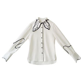 Kamo Early Autumn Original Design Time-Lapse Print Embroidery Clock Collar Design Niche Black and White Shirt for Women