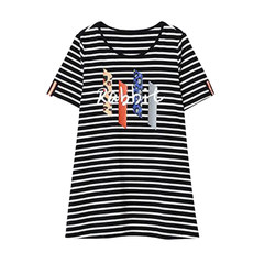 2024 Hot Tops Fat mm Plus Size Women's Korean Style Loose Medium and Long Striped Short Sleeve Women's T-Shirt Summer