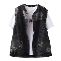 New printed denim waistcoat for women Summer spring autumn new loose 100 hitch sleeveless waistcoat slim jacket Chaumey