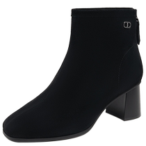 Qianbaidu Sheepskin French Square Toe Fashion Boots Womens 2024 Winter New Style Suede Thick High Heel Fashion Small Short Boots