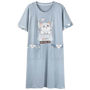 Card Love Pajamas Women's Summer 2024 New Pajamas with Breast Pads Anti-Bumping Pure Cotton Blue Cat Home Clothing