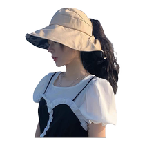 Trendy large head circumference black plastic empty top sun hat womens summer hat covering face fisherman hat foldable 2024 adjustable fashion