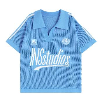 Insstudios hollow mesh v-neck shirt short sleeves Insstudios hollow mesh v-neck shirt short sleeves