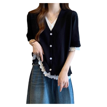 Plus size womens belly-covering fake two-piece V-neck contrasting sweater for fat girls loose slimming short-sleeved tops for women