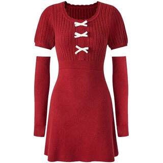 乐町蝴蝶结袖套款针织连衣裙年春季新款年会裙圆领内搭毛衣裙