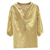 Tide Card Vertical Striped Plaid Shirt Woman Summer Design Sense Korean version 100 hitch loose 70% sleeve V collar shirt blouse