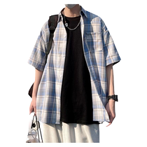 Plaid short-sleeved shirt mens summer thin loose large size trendy brand youth trend pure cotton half-sleeved shirt jacket