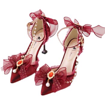 Dark red lace stiletto heel rhinestone lolita girl