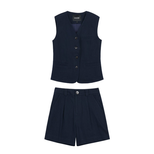 pusumede老钱调调 v领马甲背心女高级感气质无袖上衣休闲短裤套装