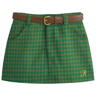 【包邮】美式复古港风绿色格子显瘦短裙腰带款字母刺绣A字包臀裙