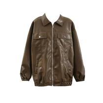 American retro pu leather baseball uniform for women spring and autumn Hong Kong style ins high-end loose and versatile slim jacket