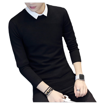 Autumn Men's Long-Sleeved T-Shirt, Korean Style Slim-Fit Shirt Collar Knit Base Shirt, Youth Fake Two-Piece Sweater, Men's Top