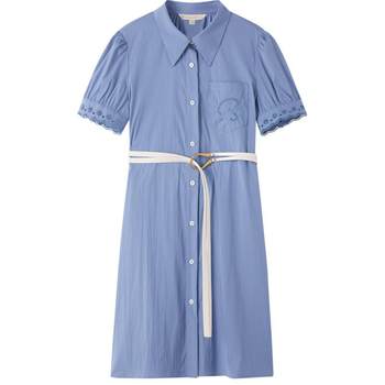 Psalm Exclusive Summer Lapel Puff Sleeve Hollow Letter Jacquard Lace-Up Shirt Shirt Dress