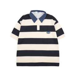 @江泽literary man Japanese CityBoy striped short-sleeved T-shirt for boys in summer loose retro contrast color Polo shirt