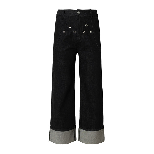 YADcrew folded hems triangle air-eye jeans ສີຕົ້ນຕໍສໍາລັບຜູ້ຊາຍແລະແມ່ຍິງວ່າງຂາຊື່ distressed ຂາກ້ວາງແບບອາເມລິກາ