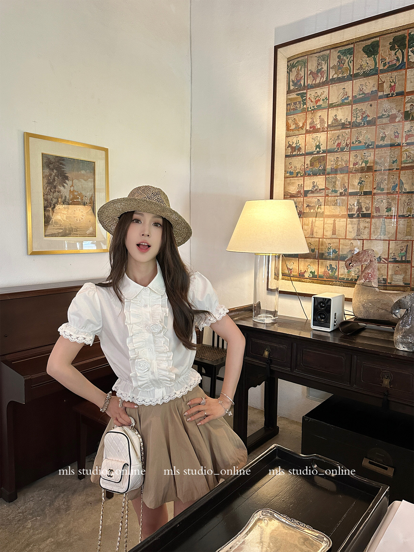 MLS Creamy Pleated French Sweetness 2026 Summer New Women's Double Layer Ruffled Short Sleeve Shirt