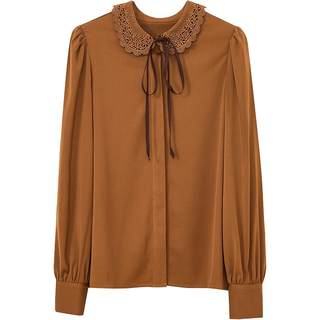 Oece复古气质衬衫春装新款女装法式蕾丝系带长袖设计感上衣