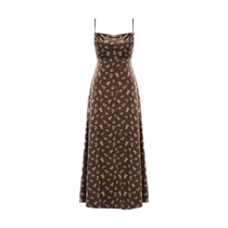 DPLAY Spring New French Style Maillard Brown Coffee Floral Printed Velvet Suspender Dress