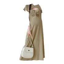 Maternity wear summer wear new French round neck hollow short-sleeved dress summer belly-covering loose slimming long skirt