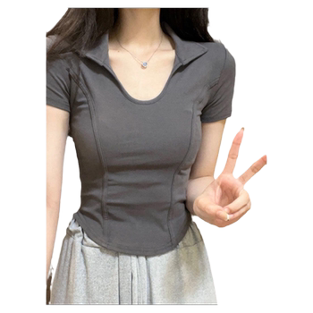 Herringbone shoulder v-neck ເຄິ່ງແຂນເສື້ອທີເຊີດສໍາລັບແມ່ຍິງ 2026 ຮູບແບບໃຫມ່