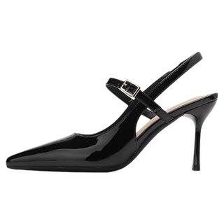 2025年春秋新款黑色高跟鞋女设计感法式尖头性感后空漆皮包头凉鞋