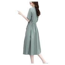 Cotton and linen dress womens mid-length 2024 summer new high-end temperament waist slimming belly-covering A-line skirt