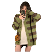 Autumn and winter plus size womens clothing 2024 new avocado green age-reducing fat sister slimming striped sweater cardigan jacket